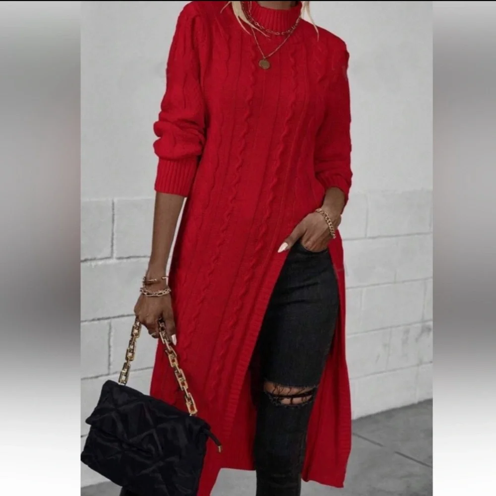 Luxe gray high neck cable knit slit thigh sweater top